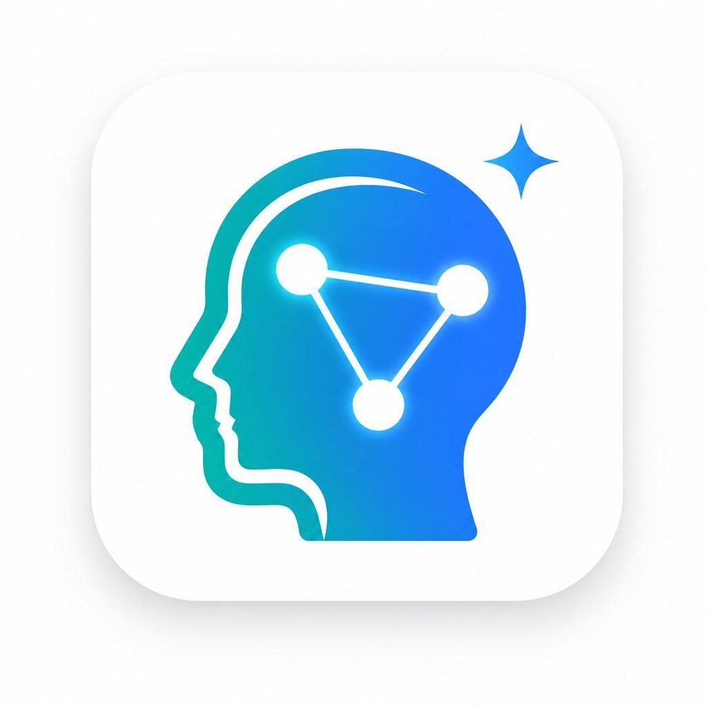 Stylized head icon with neural network symbol in blue and teal gradient